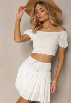 Biały Komplet z Bawełny Krótka Spódnica z Falbankami i Koszulka z Hiszpańskim Dekolcie Scriba