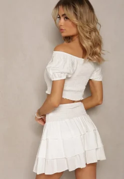 Biały Komplet z Bawełny Krótka Spódnica z Falbankami i Koszulka z Hiszpańskim Dekolcie Scriba