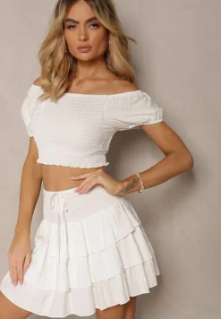 Biały Komplet z Bawełny Krótka Spódnica z Falbankami i Koszulka z Hiszpańskim Dekolcie Scriba