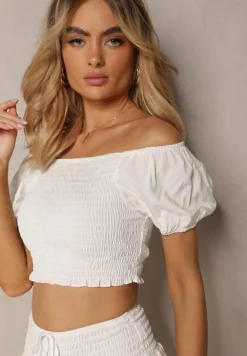 Biały Komplet z Bawełny Krótka Spódnica z Falbankami i Koszulka z Hiszpańskim Dekolcie Scriba