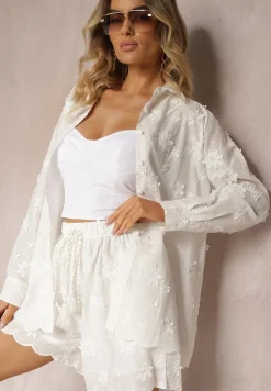 Biały Komplet z Bawełny Ozdobiony Haftami i Chwostami Koszula oraz Szorty Mleissa