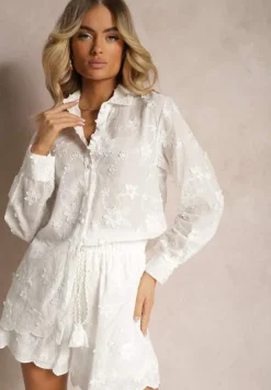 Biały Komplet z Bawełny Ozdobiony Haftami i Chwostami Koszula oraz Szorty Mleissa