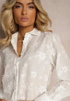 Biały Komplet z Bawełny Ozdobiony Haftami i Chwostami Koszula oraz Szorty Mleissa