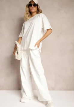 Biały Komplet z Bawełny Proste Szerokie Spodnie z Gumką w Pasie Bluzka z Rozcięciami Vimarases