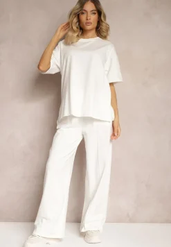 Biały Komplet z Bawełny Proste Szerokie Spodnie z Gumką w Pasie Bluzka z Rozcięciami Vimarases