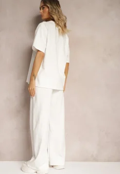 Biały Komplet z Bawełny Proste Szerokie Spodnie z Gumką w Pasie Bluzka z Rozcięciami Vimarases