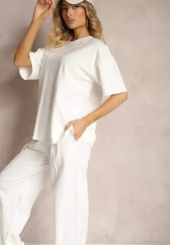 Biały Komplet z Bawełny Proste Szerokie Spodnie z Gumką w Pasie Bluzka z Rozcięciami Vimarases