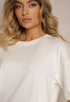 Biały Komplet z Bawełny Proste Szerokie Spodnie z Gumką w Pasie Bluzka z Rozcięciami Vimarases