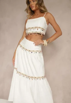 Biały Komplet z Bawełny Top i Spódnica z Koralikami Cekinami i Muszelkami Sarilisse