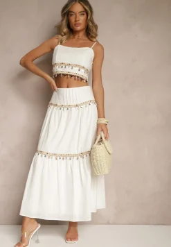 Biały Komplet z Bawełny Top i Spódnica z Koralikami Cekinami i Muszelkami Sarilisse