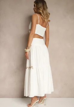 Biały Komplet z Bawełny Top i Spódnica z Koralikami Cekinami i Muszelkami Sarilisse
