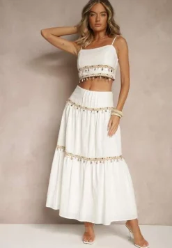 Biały Komplet z Bawełny Top i Spódnica z Koralikami Cekinami i Muszelkami Sarilisse