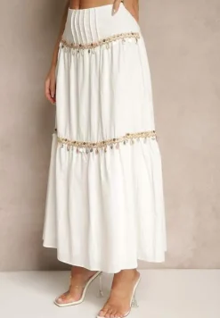 Biały Komplet z Bawełny Top i Spódnica z Koralikami Cekinami i Muszelkami Sarilisse