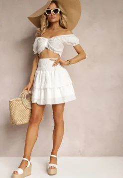 Biały Komplet z Bawełny z Ażurowym Motywem Spódnica z Falbanami oraz Gumką w Talii High Waist i Krótka Bluzka Ozdobiona Ściągaczem Aricella