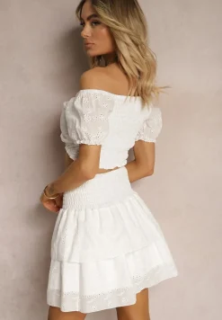 Biały Komplet z Bawełny z Ażurowym Motywem Spódnica z Falbanami oraz Gumką w Talii High Waist i Krótka Bluzka Ozdobiona Ściągaczem Aricella