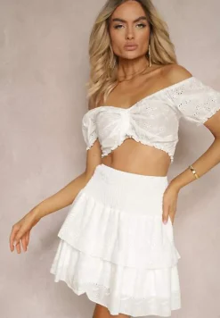 Biały Komplet z Bawełny z Ażurowym Motywem Spódnica z Falbanami oraz Gumką w Talii High Waist i Krótka Bluzka Ozdobiona Ściągaczem Aricella