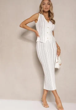Biały Komplet z Wiskozą Dopasowana Spódnica i Kamizelka Ozdobione Paskami Verilan