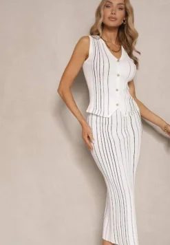 Biały Komplet z Wiskozą Dopasowana Spódnica i Kamizelka Ozdobione Paskami Verilan