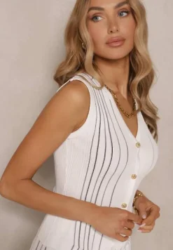 Biały Komplet z Wiskozą Dopasowana Spódnica i Kamizelka Ozdobione Paskami Verilan