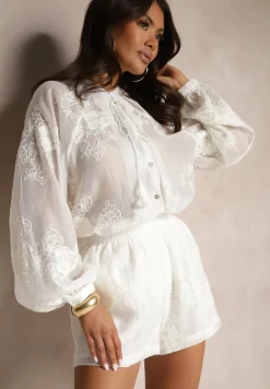 Biały Komplet z Wiskozą i Bawełną Szorty i Koszula z Haftem Milviola