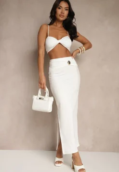 Biały Komplet z Wiskozą Spódnica z Ozdobnym Rozcięciem i Top na Ramiączkach Savoranae