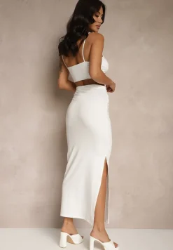 Biały Komplet z Wiskozą Spódnica z Ozdobnym Rozcięciem i Top na Ramiączkach Savoranae