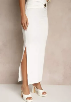 Biały Komplet z Wiskozą Spódnica z Ozdobnym Rozcięciem i Top na Ramiączkach Savoranae