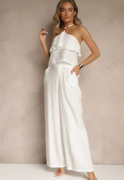 Biały Komplet z Wiskozą Spodnie i Bluzka z Aplikacją i Falbaną Dolirela