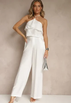 Biały Komplet z Wiskozą Spodnie i Bluzka z Aplikacją i Falbaną Dolirela
