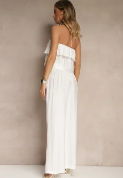 Biały Komplet z Wiskozą Spodnie i Bluzka z Aplikacją i Falbaną Dolirela