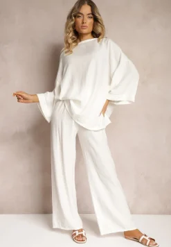Biały Komplet z Wiskozy Bluzka o Kroju Nietoperza i Szerokie Spodnie Qadrina