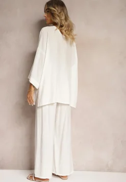 Biały Komplet z Wiskozy Bluzka o Kroju Nietoperza i Szerokie Spodnie Qadrina