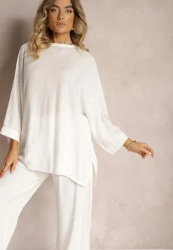 Biały Komplet z Wiskozy Bluzka o Kroju Nietoperza i Szerokie Spodnie Qadrina