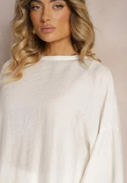 Biały Komplet z Wiskozy Bluzka o Kroju Nietoperza i Szerokie Spodnie Qadrina