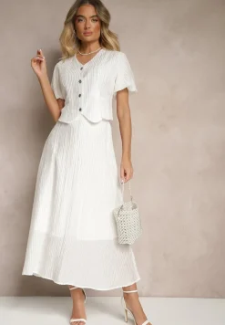 Biały Komplet z Wiskozy Koszula i Spódnica o Rozkloszowanym Kroju Nanorela
