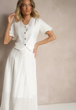 Biały Komplet z Wiskozy Koszula i Spódnica o Rozkloszowanym Kroju Nanorela