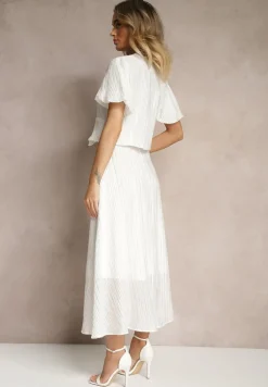 Biały Komplet z Wiskozy Koszula i Spódnica o Rozkloszowanym Kroju Nanorela