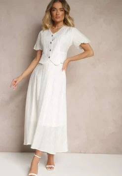 Biały Komplet z Wiskozy Koszula i Spódnica o Rozkloszowanym Kroju Nanorela