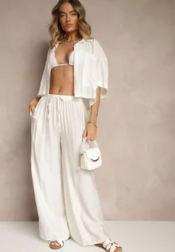 Biały Komplet z Wiskozy o Kroju Oversize Koszula i Spodnie Dovaraella