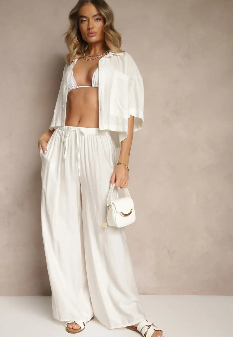 Biały Komplet z Wiskozy o Kroju Oversize Koszula i Spodnie Dovaraella