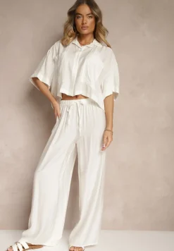 Biały Komplet z Wiskozy o Kroju Oversize Koszula i Spodnie Dovaraella