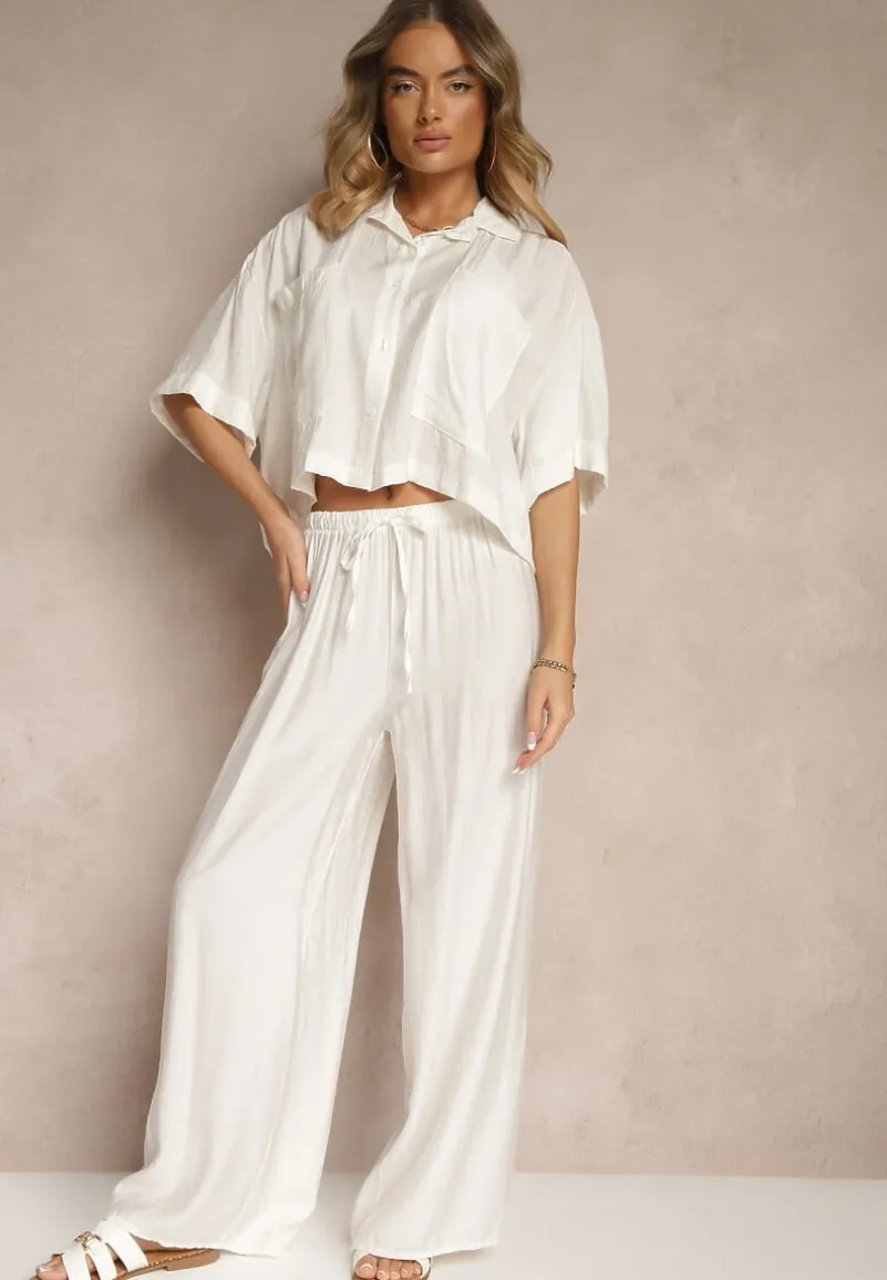 Biały Komplet z Wiskozy o Kroju Oversize Koszula i Spodnie Dovaraella
