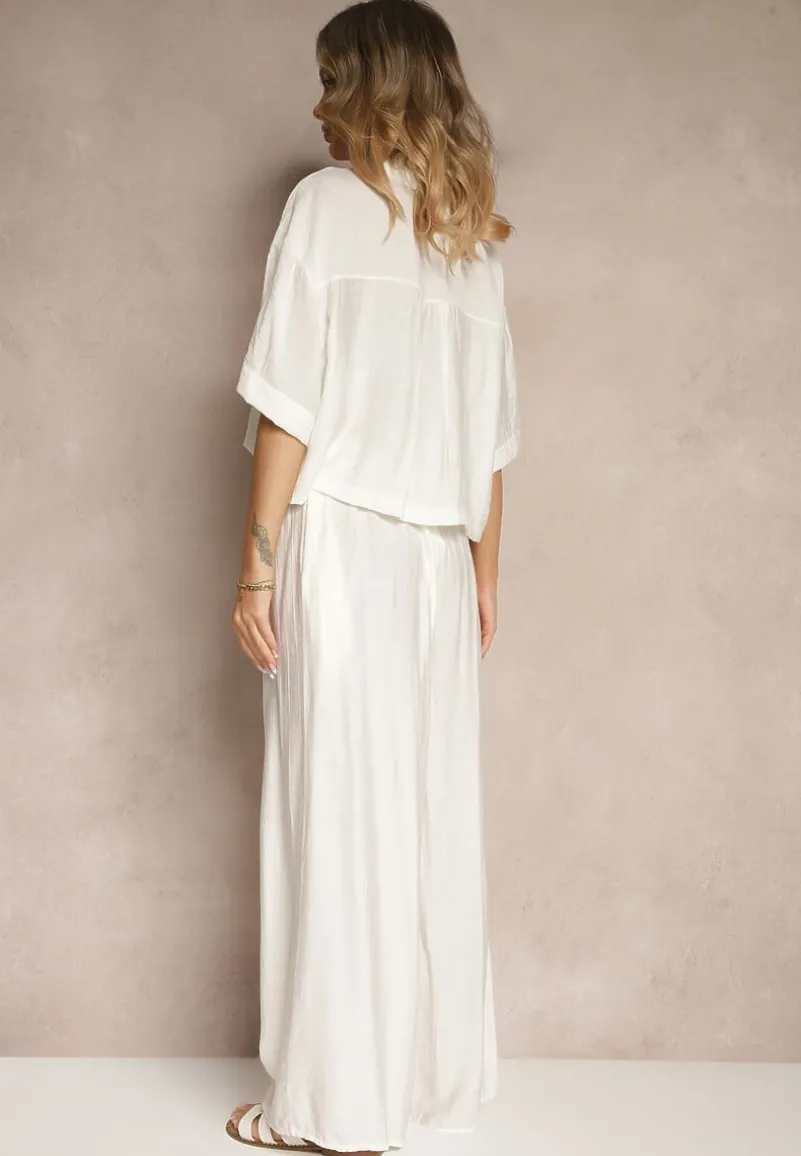 Biały Komplet z Wiskozy o Kroju Oversize Koszula i Spodnie Dovaraella