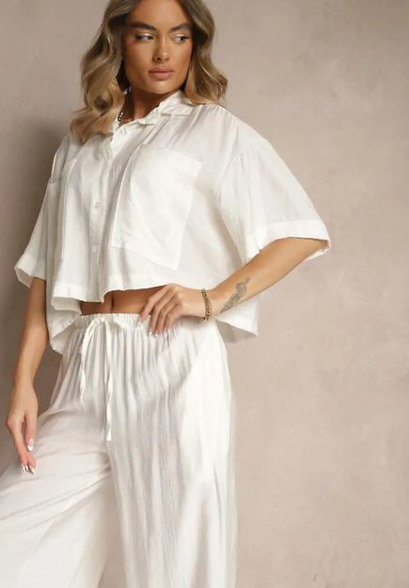 Biały Komplet z Wiskozy o Kroju Oversize Koszula i Spodnie Dovaraella