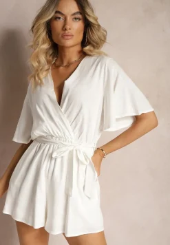 Biały Kopertowy Kombinezon z Bawełny Wiązany w Talii Materiałowym Paskiem Vikly