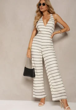 Biały Kopertowy Kombinezon z Wiązaniem na Plecach i Odkrytymi Plecami z Gumką w Talii Wilbia