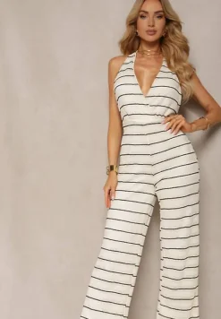 Biały Kopertowy Kombinezon z Wiązaniem na Plecach i Odkrytymi Plecami z Gumką w Talii Wilbia
