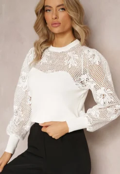 Biały Koronkowy Sweter z Długim Rękawem Brinca