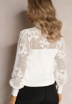 Biały Koronkowy Sweter z Długim Rękawem Brinca