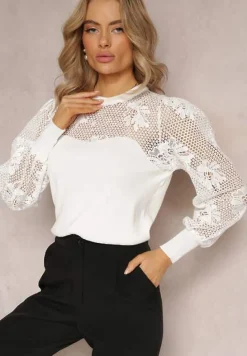 Biały Koronkowy Sweter z Długim Rękawem Brinca